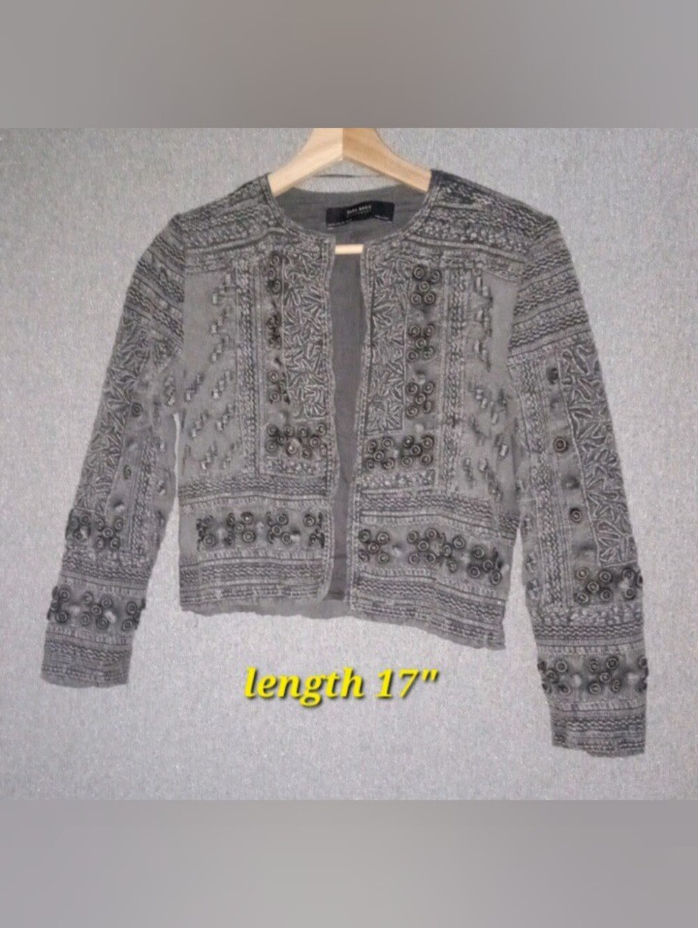 Zara Embroidered Gray Beaded Open-Front Cardigan